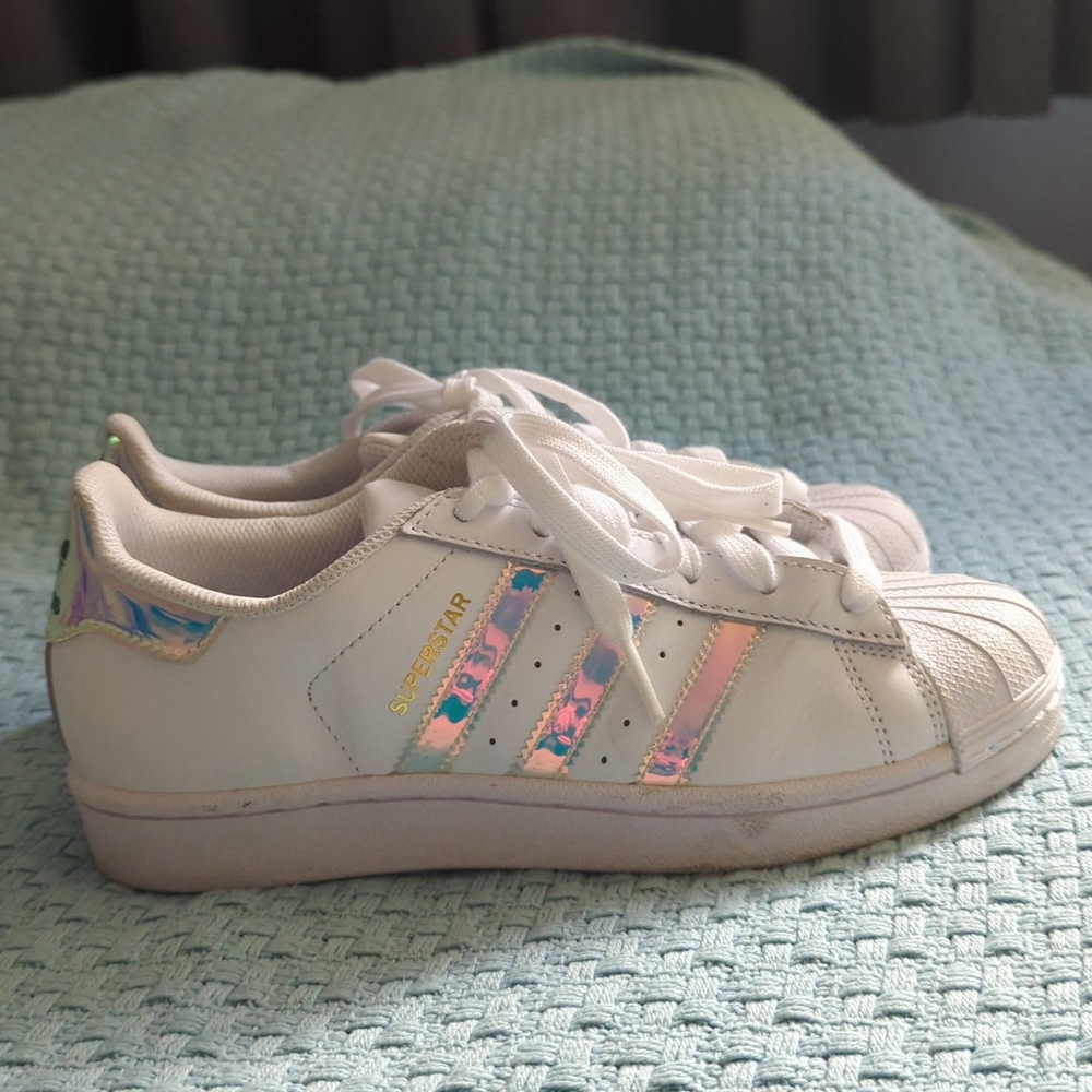 Adidas Superstar White Sneakers with Iridescent Stripes